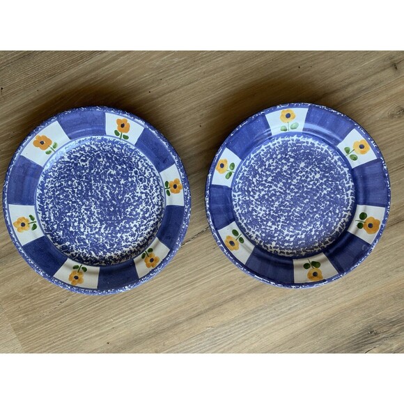 HIMARK Spongeware Salad Plates Blue White w/ Yellow Flowers Made in Portugal - Picture 5 of 5